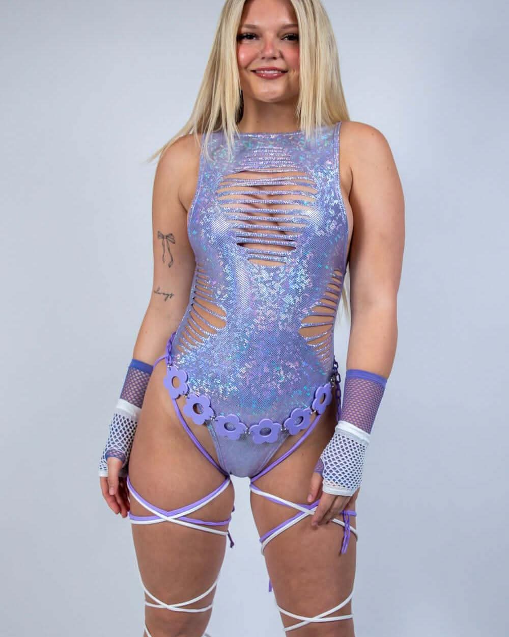 Lavender Holo Slit Sideboob Bodysuit with Leg Straps — Freedom Rave Wear